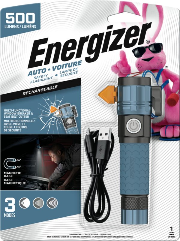 Energizer Metal Rechargeable Automotive Flashlight, 500 Lumens, Battery and USB Cable Included