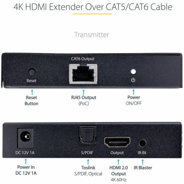 StarTech.com 4K HDMI Extender Over CAT5/CAT6 Cable, 4K 60Hz Video Extender Up to 230ft (70m), HDMI Over Ethernet Cabling, S/PDIF Audio Out - Image 2