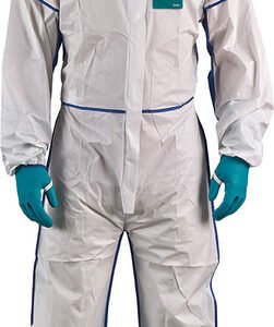 ANSELL ANS-WN18-B-92-195-03 Alphatec® 1800 Comfort - Model 195 White Coveralls, Low Concentration Liquid Chemical & Airborne Particles Protection, 3-Pc Blue Sms Hood, 2-Way Front Zipper & Storm Flap, Medium