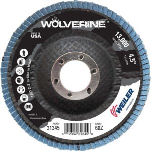 WEILER WEI-31345  4-1/2" Wolverine Abrasive Flap Disc, Angled, Phenolic Backing, 60Z, 7/8" Hole
