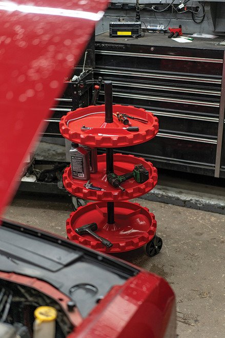 TRAXION TRX-6-120 Spinning Tool Tray Tower, 3 Trays, 35 Lbs Capacity Per Tray, 5" Casters, 22" X 22" 48", Red 1 TRAXION TRX-6-120 Spinning Tool Tray Tower, 3 Trays, 35 Lbs Capacity Per Tray, 5" Casters, 22" X 22" 48", Red