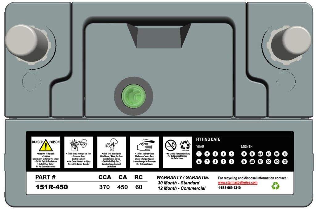 Starmax Premium Group 151R - 450CA, 370CCA, 60RC Automotive Starting Battery, 12 Volt - Top Terminal 2 151R 450 TOP IMAGE 1.jpg