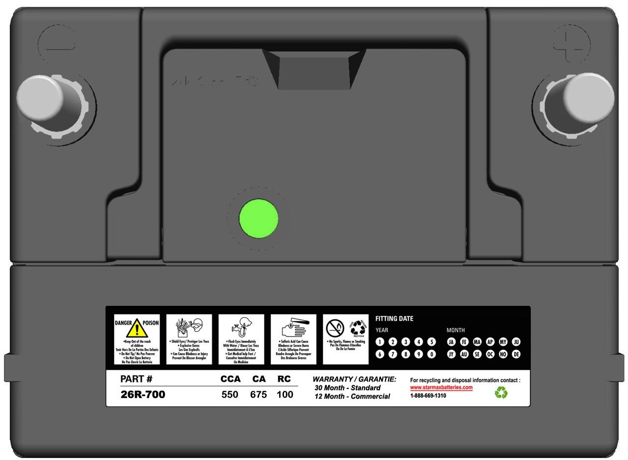 Starmax Premium Group 26R - 675CA, 550CCA, 100RC Automotive Starting Battery, 12 Volt - Top Terminal 2 26R 700 Top Label 1.jpg