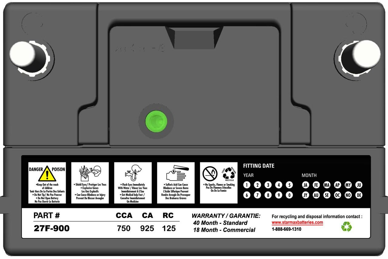 Starmax Premium Group 27F - 925CA, 750CCA, 155RC Automotive Starting Battery, 12 Volt - Top Terminal 2 27F 925 Top Label 2.jpg
