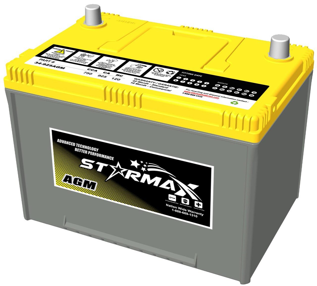 Starmax Premium Group 34 - AGM 925CA, 750CCA, 120RC Automotive Starting Battery - 12Volts 2 34 925AGM BATTERY Image2 2.jpeg