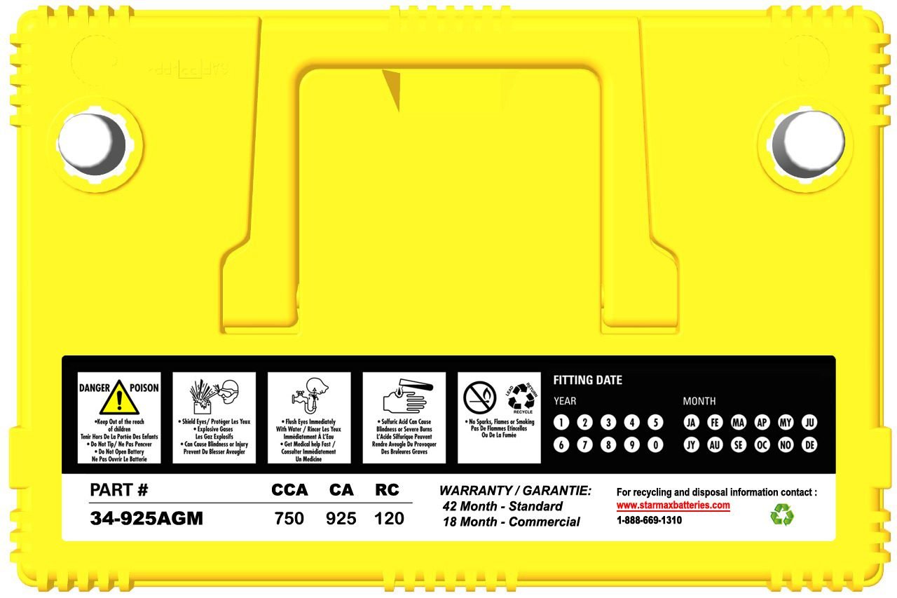 Starmax Premium Group 34 - AGM 925CA, 750CCA, 120RC Automotive Starting Battery - 12Volts 3 34 925AGM BATTERY Top Image 1 1.jpeg