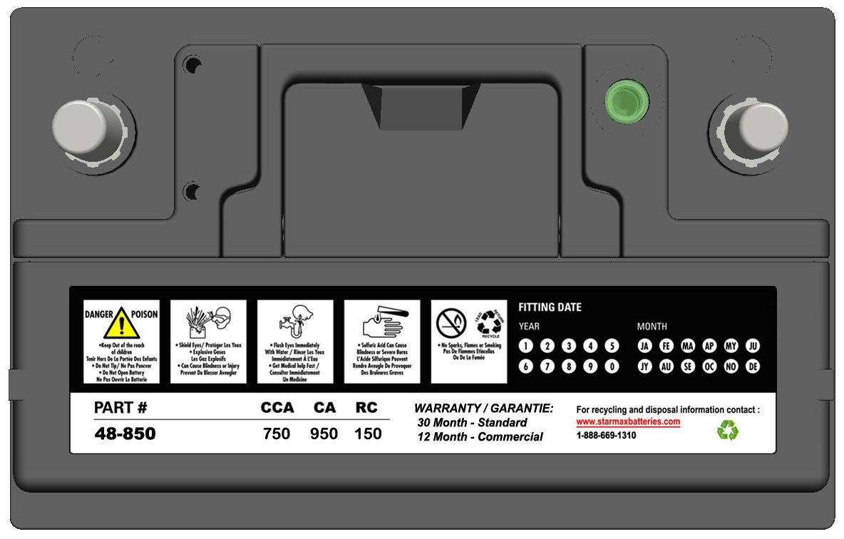 Starmax Premium Group 48 (H6 / L3 / LN3) - 950CA, 760CCA, 150RC Automotive Starting Battery, 12 Volt - Top Terminal 2 48 950 TOP LABEL 2.jpg