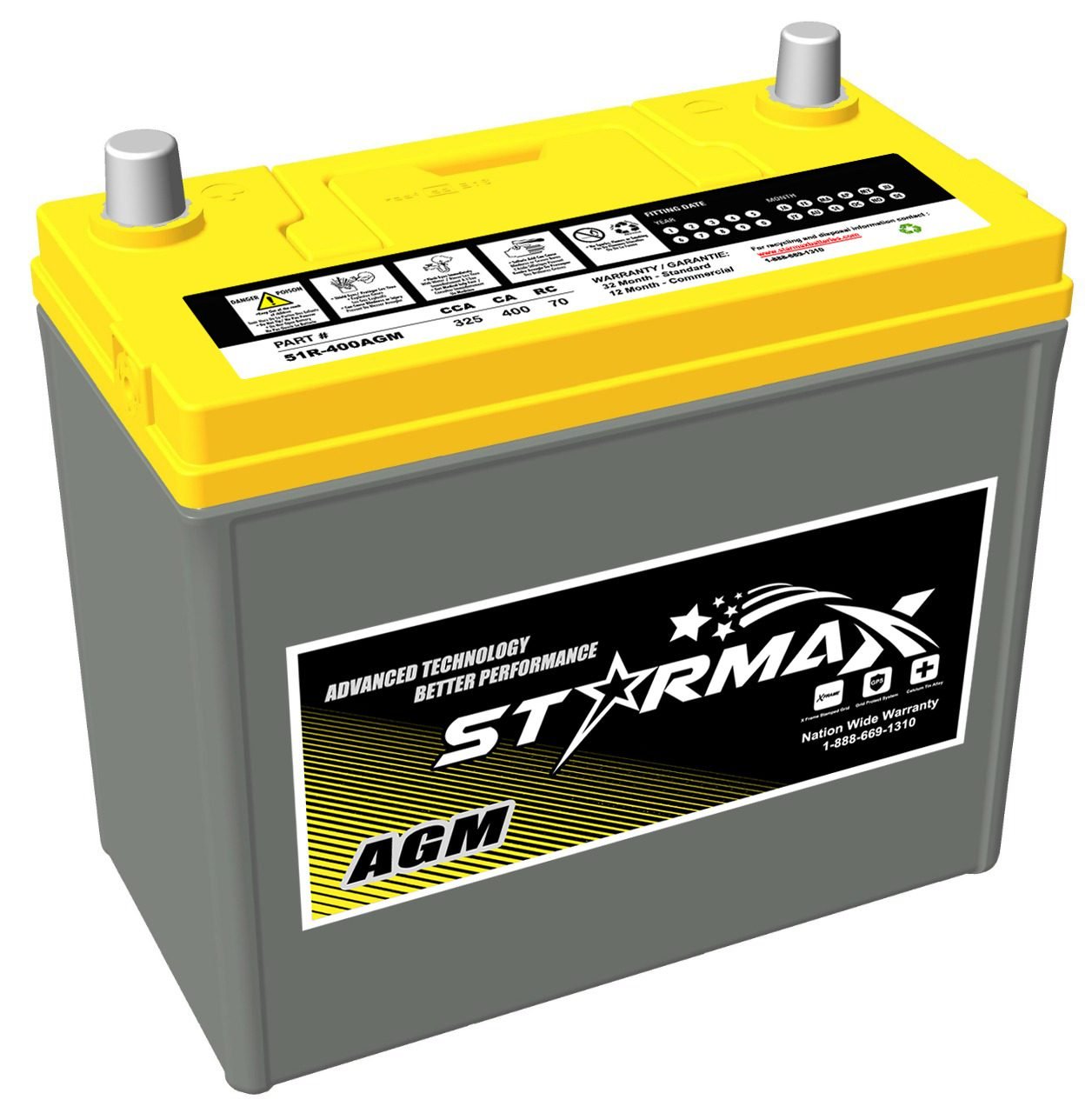 Starmax Premium Group 51R- AGM 400CA, 235CCA, 70RC Automotive Starting Battery - 12Volts 1 51R 400AGM BATTERY Image2 1 2.jpeg