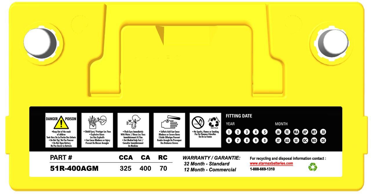 Starmax Premium Group 51R- AGM 400CA, 235CCA, 70RC Automotive Starting Battery - 12Volts 3 51R 400AGM BATTERY Top Image 1 2.jpeg