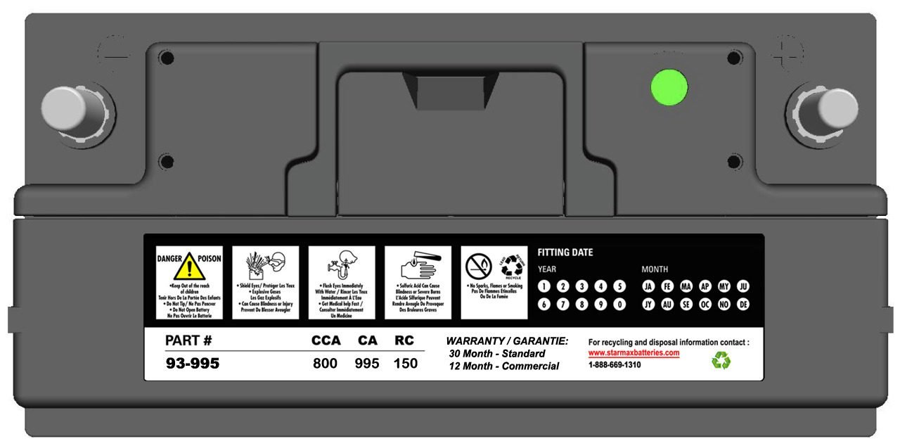 Starmax Premium Group 93 (T8/LB5) - 995CA, 800CCA, 150RC Automotive Starting Battery, 12 Volt - Top Terminal 2 93 995 TOP LABEL 1.jpg