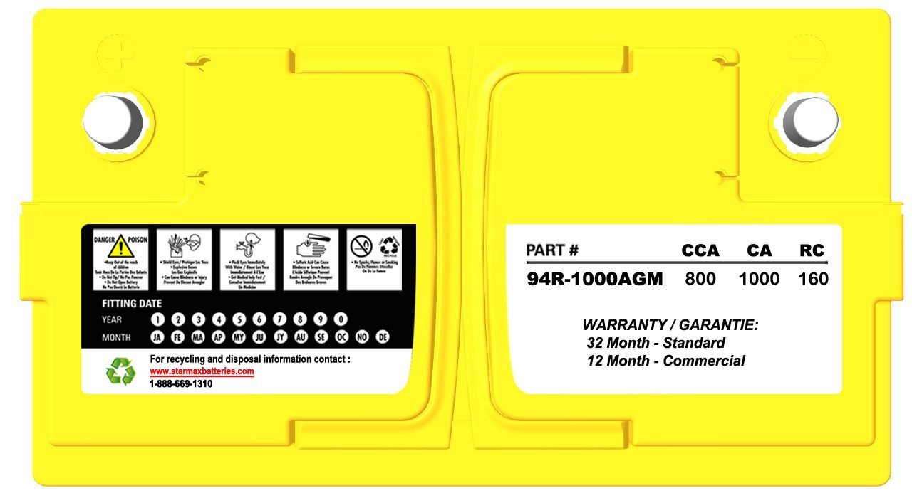 Starmax Premium Group 94R (H7 / L4 / LN4) - AGM 1000CA, 800CCA, 160RC Automotive Starting Battery - 12Volts 2 94R 1000AGM BATTERY Image 2.jpeg