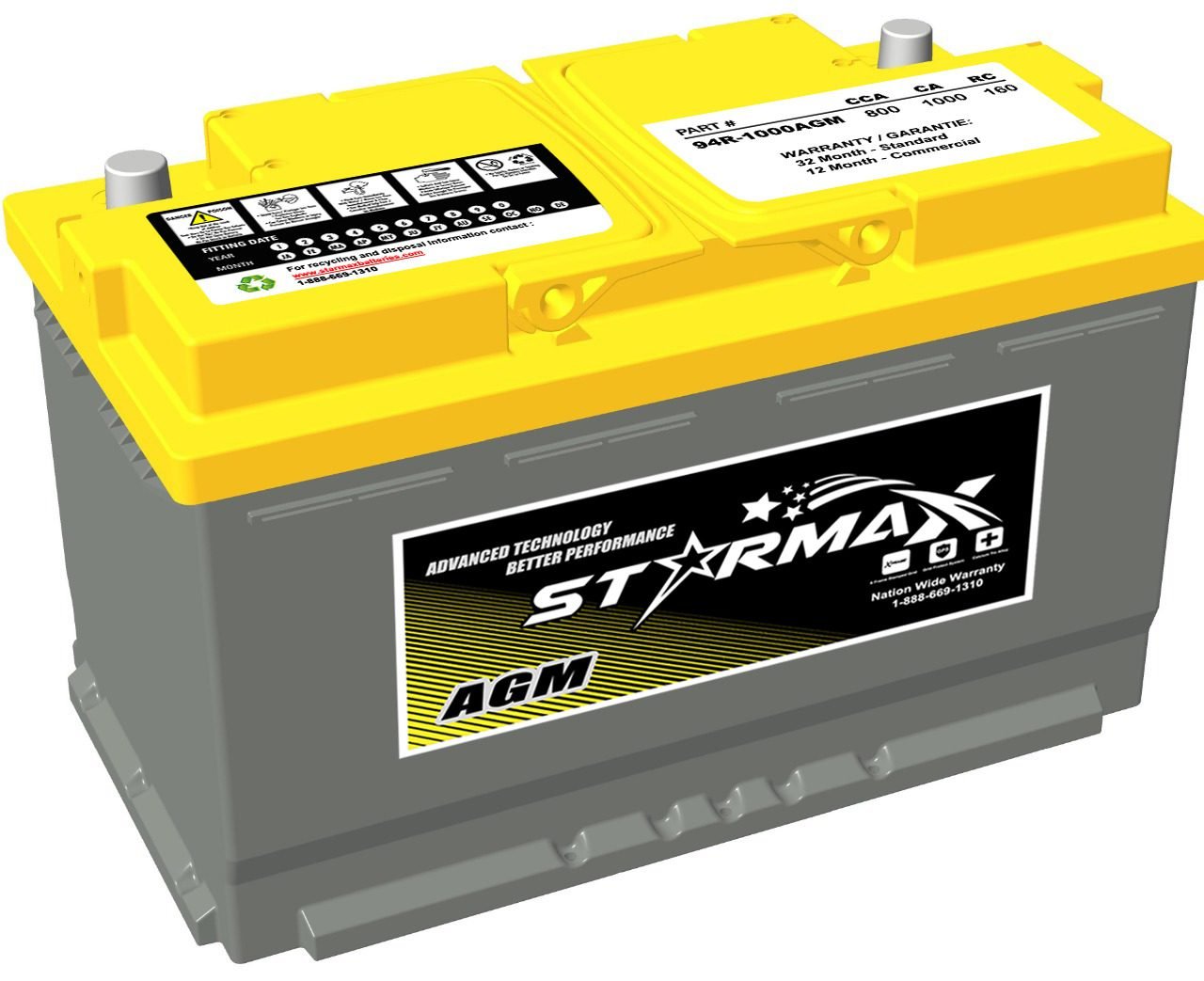 Starmax Premium Group 94R (H7 / L4 / LN4) - AGM 1000CA, 800CCA, 160RC Automotive Starting Battery - 12Volts 1 94R 1000AGM BATTERY Image2 2.jpeg