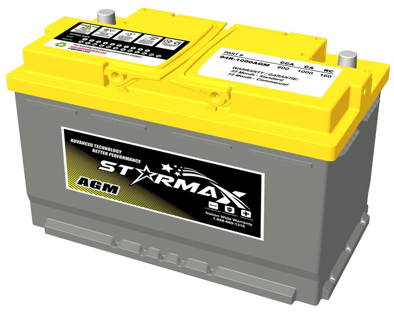 Starmax Premium Group 94R (H7 / L4 / LN4) - AGM 1000CA, 800CCA, 160RC Automotive Starting Battery - 12Volts 3 94R 1000AGM BATTERY Image3 2.jpeg