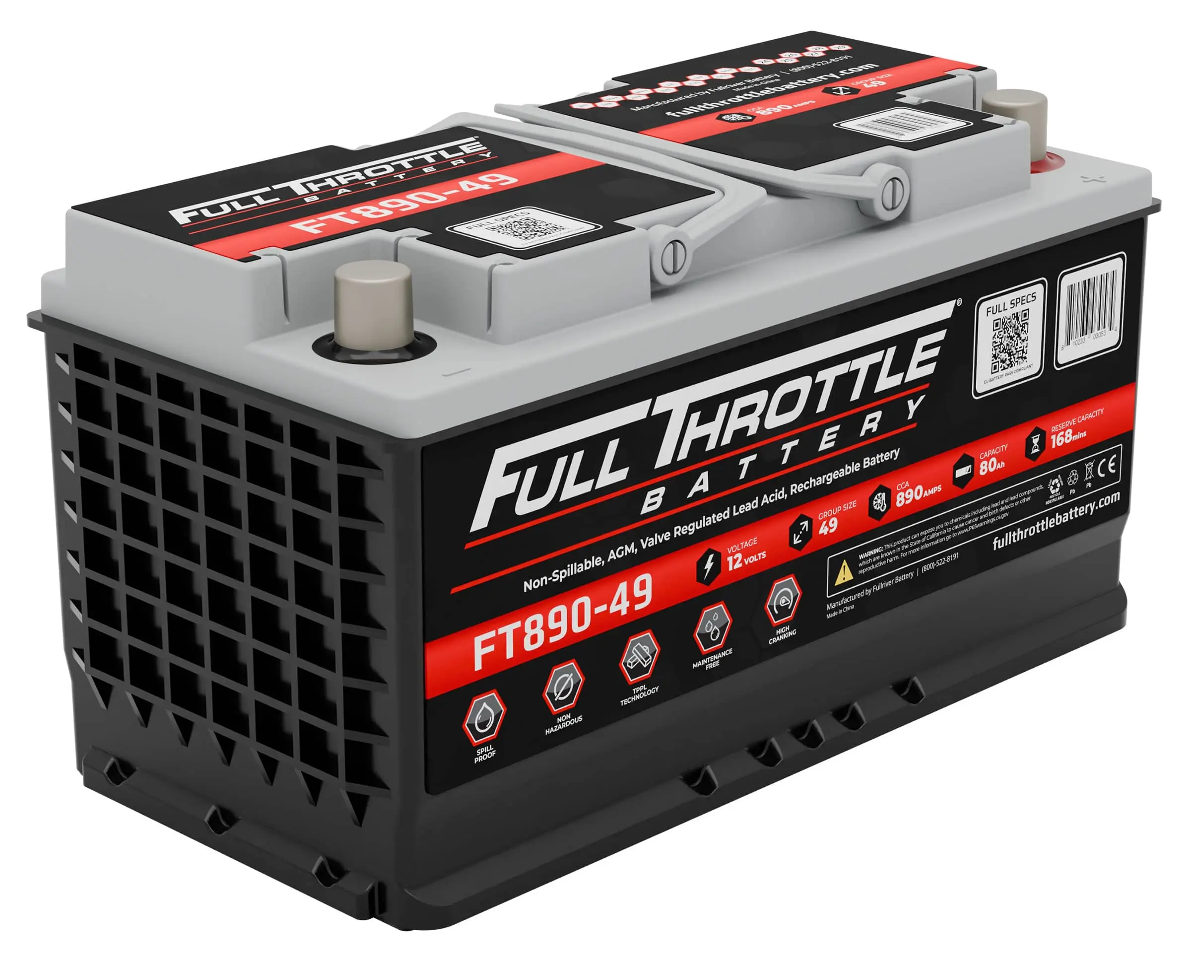 Full Throttle FT890-49 High Performance AGM Battery Group 49/L5/H8, 890CCA, 12V 80AH, RHP, SAE Terminal 1 FT890 49 1 1.webp