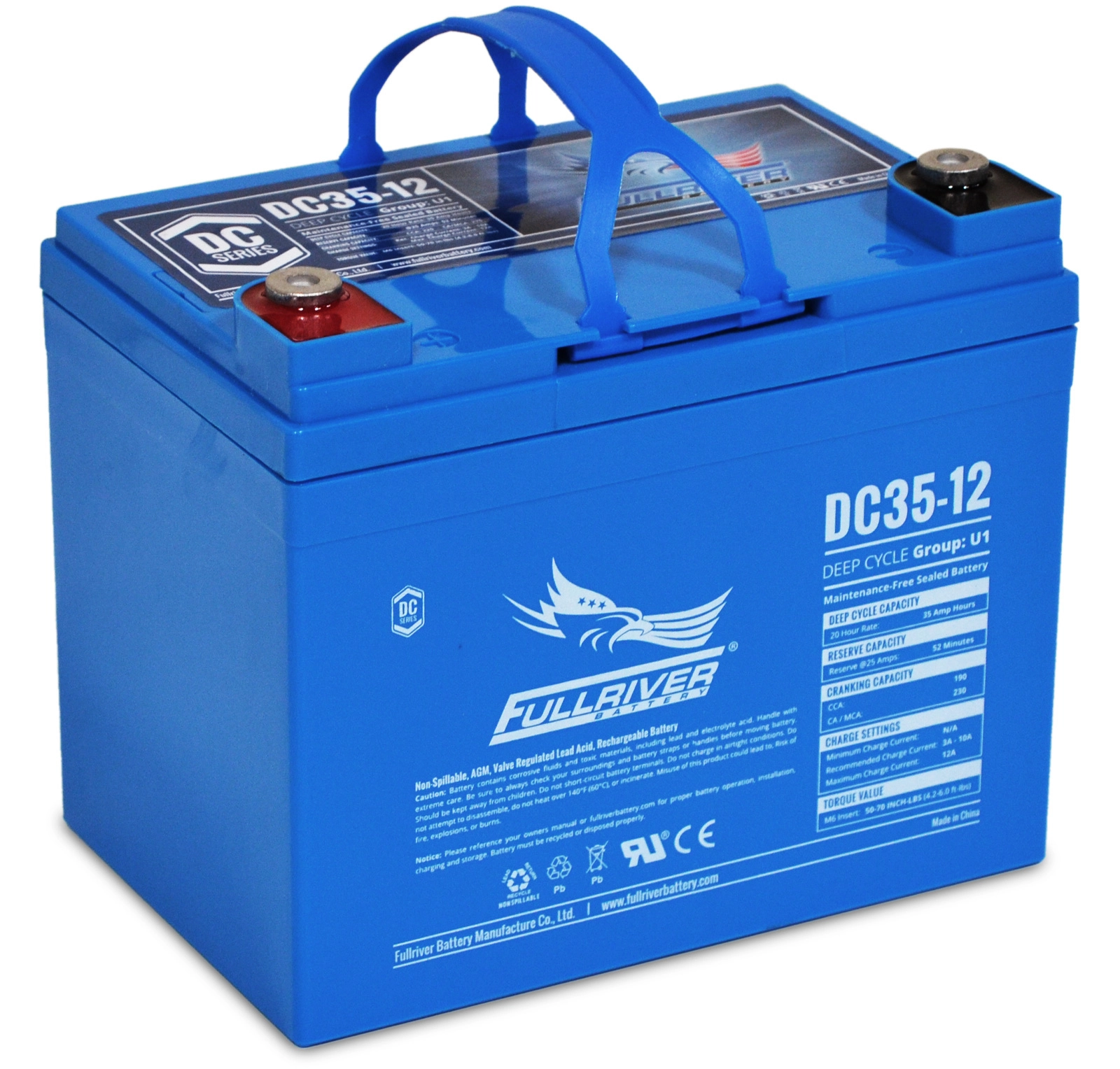 Fullriver DC35-12 12V 35Ah Premium Deep Cycle AGM Battery - Group U1, M6 1 Fullriver DC35-12 12V 35Ah Premium Deep Cycle AGM Battery - Group U1, M6